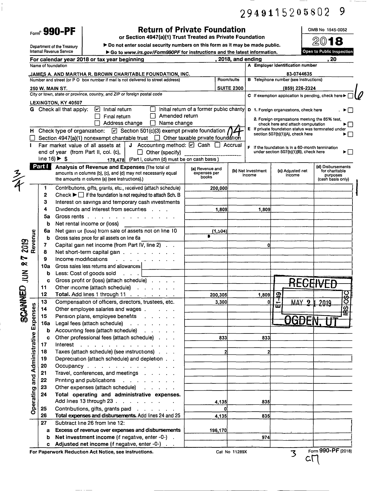 Image of first page of 2018 Form 990PF for James A and Martha R Brown Charitable Foundation