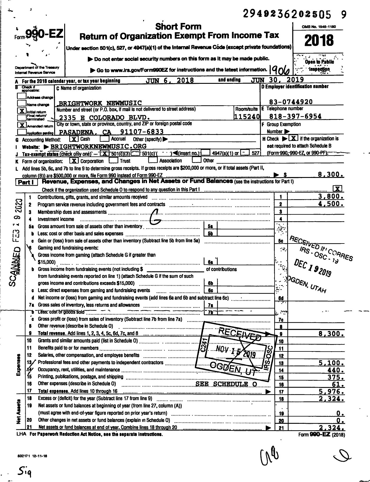 Image of first page of 2018 Form 990EZ for Brightwork Newmusic