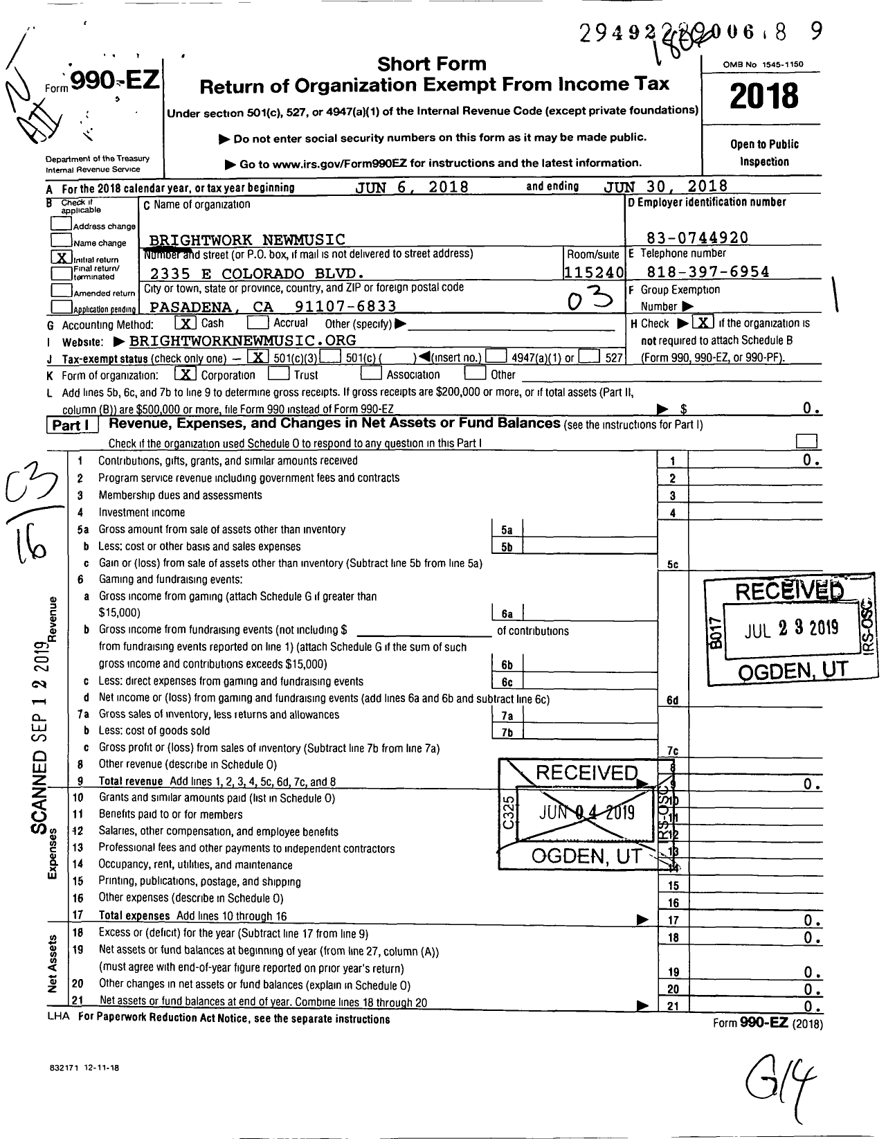 Image of first page of 2017 Form 990EZ for Brightwork Newmusic