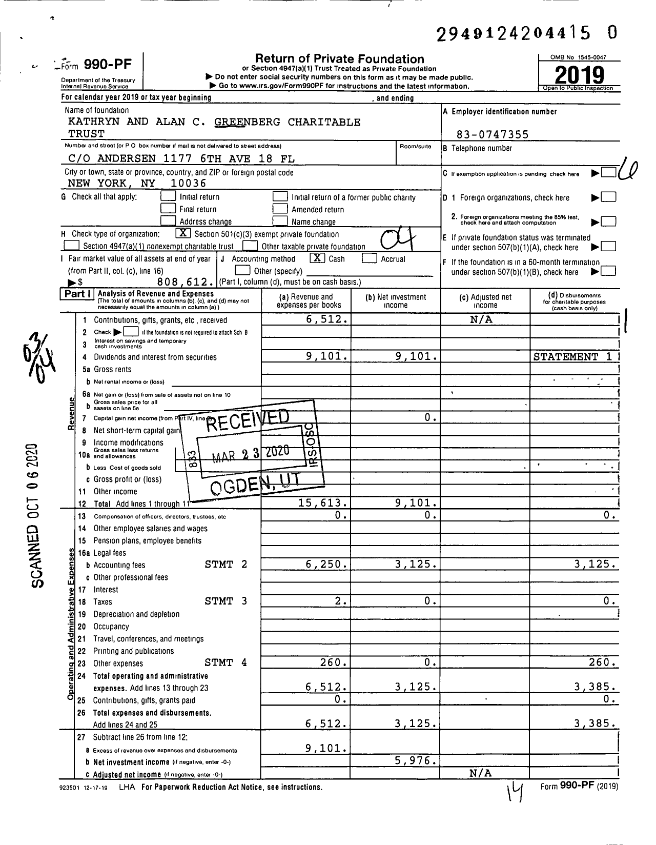 Image of first page of 2019 Form 990PR for Kathryn and Alan C Greenberg Charitable Trust