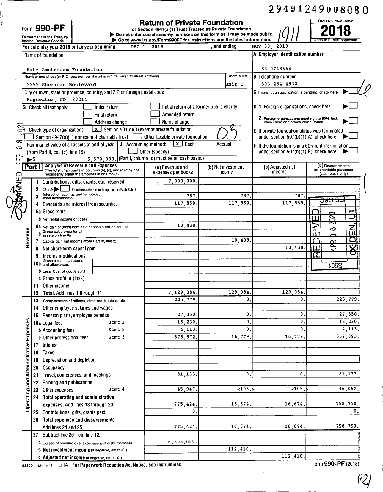 Image of first page of 2018 Form 990PF for Katz Amsterdam Foundation