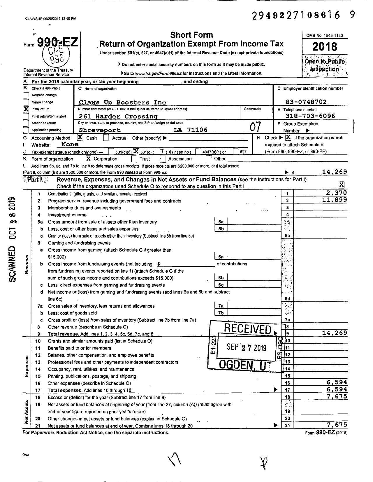 Image of first page of 2018 Form 990EO for Claws Up Boosters