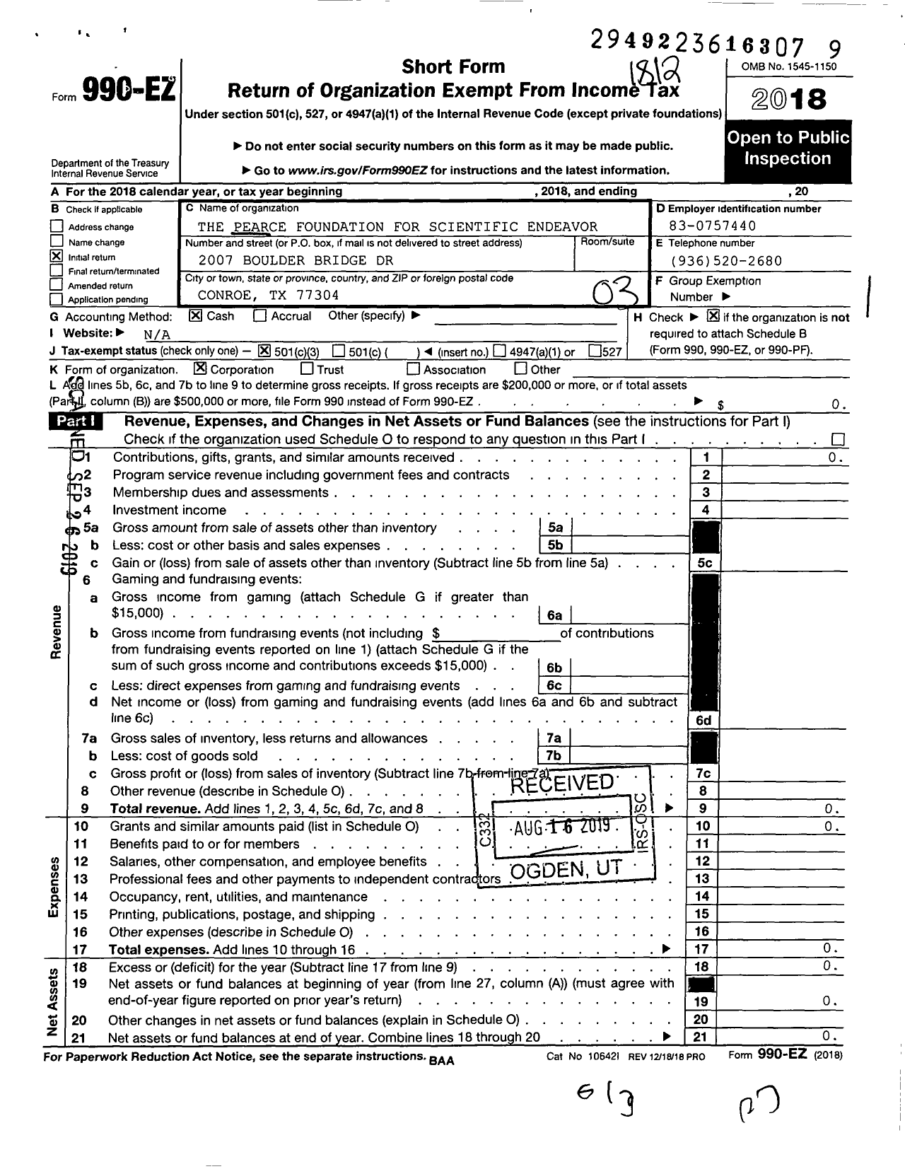 Image of first page of 2018 Form 990EZ for The Pearce Foundation for Scientific Endeavor