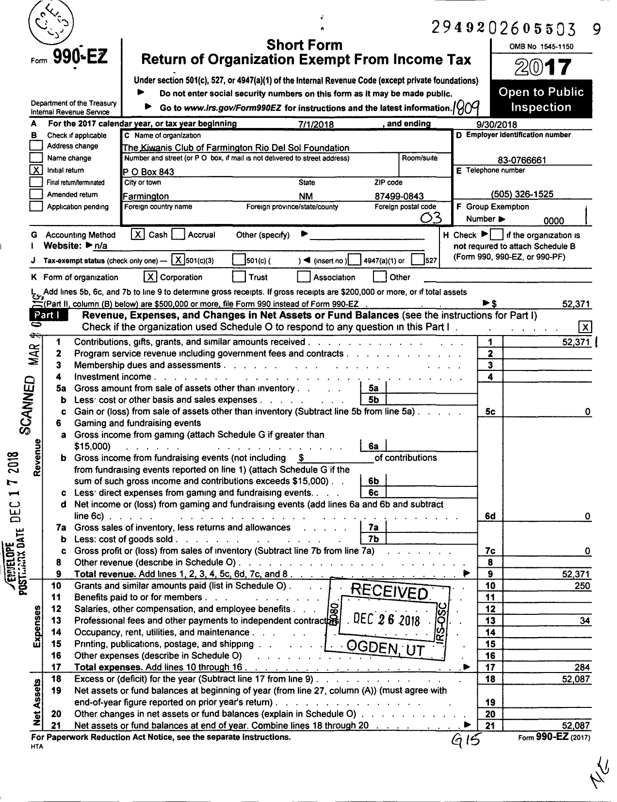 Image of first page of 2017 Form 990EZ for Kiwanis Club of Farmington Rio Del Sol Foundation