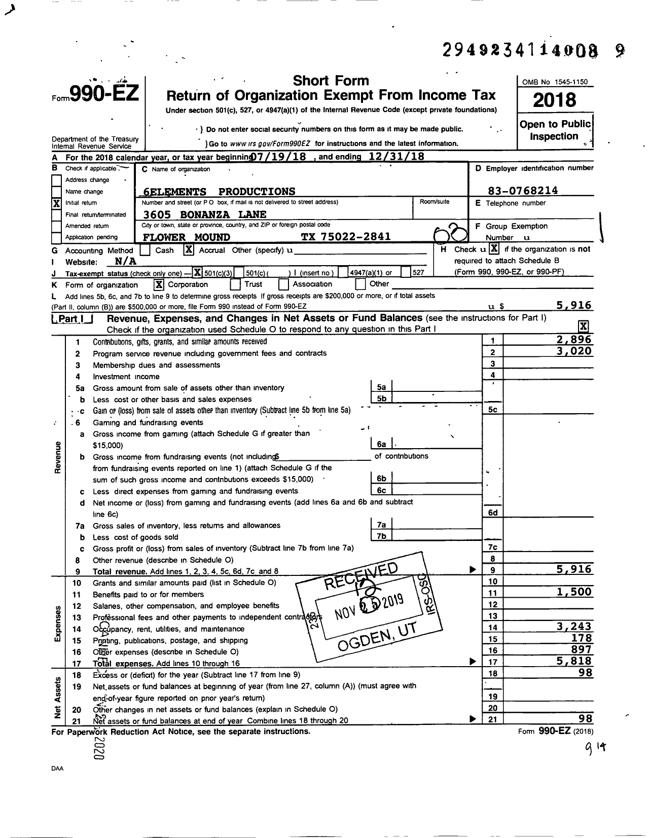 Image of first page of 2018 Form 990EZ for 6elements Productions