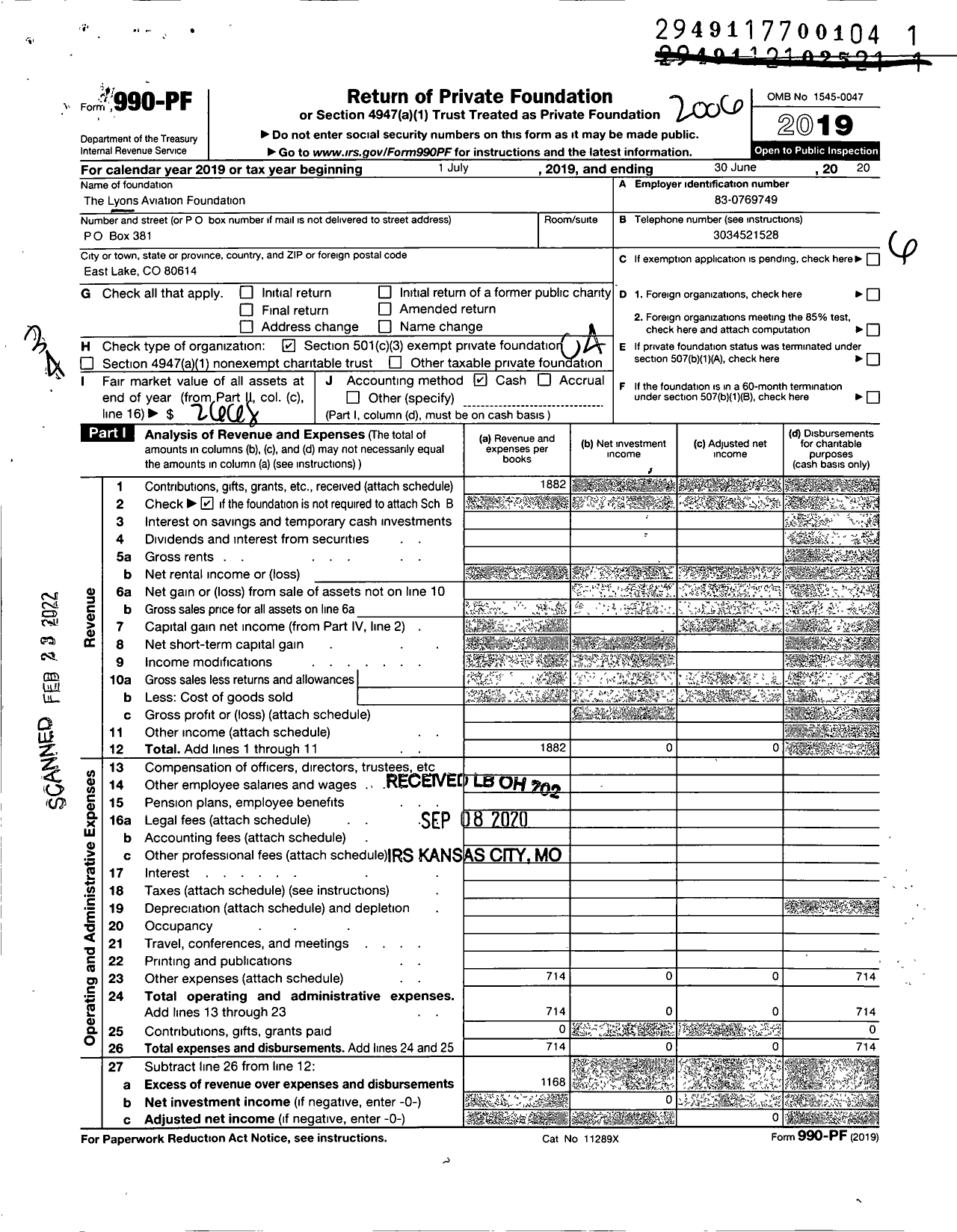 Image of first page of 2019 Form 990PF for The Lyons Aviation Foundation