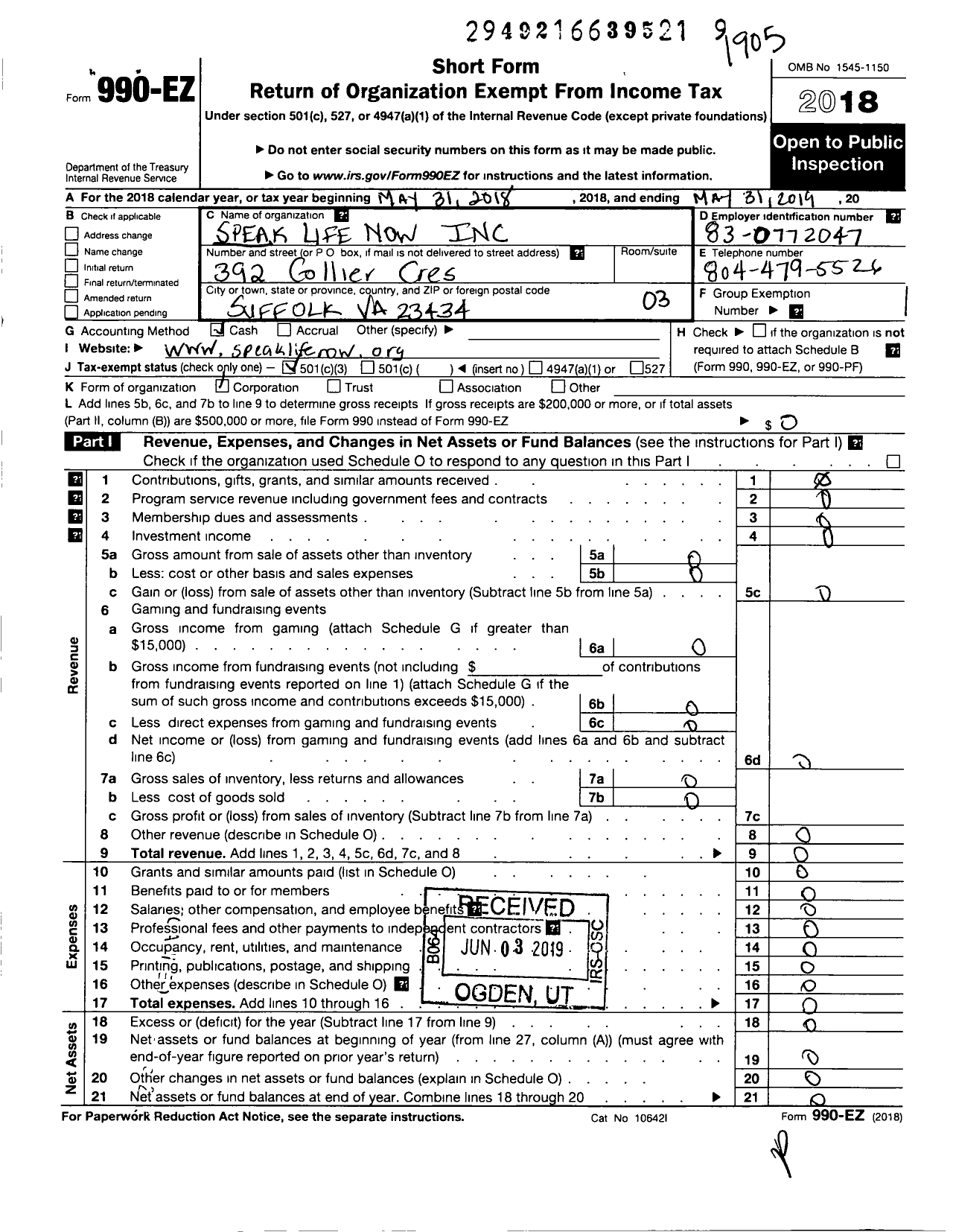 Image of first page of 2018 Form 990EZ for Speak Life Now