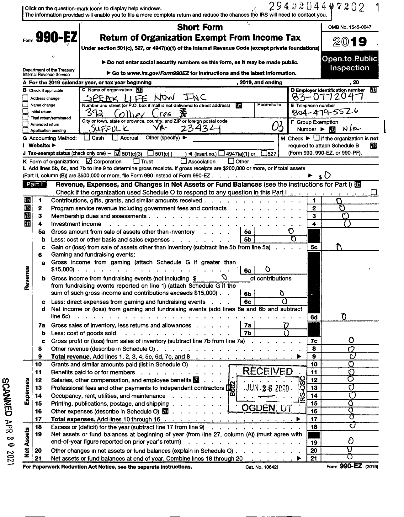 Image of first page of 2019 Form 990EZ for Speak Life Now