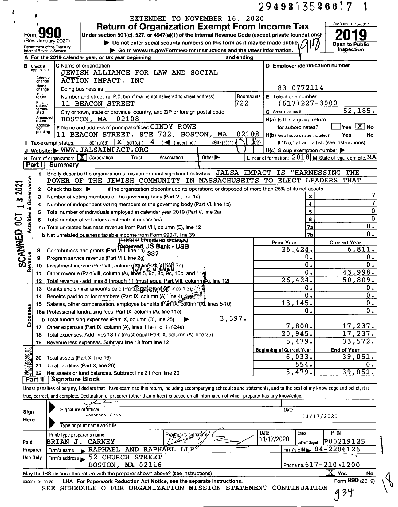 Image of first page of 2019 Form 990O for Jewish Alliance for Law and Social Action Impact