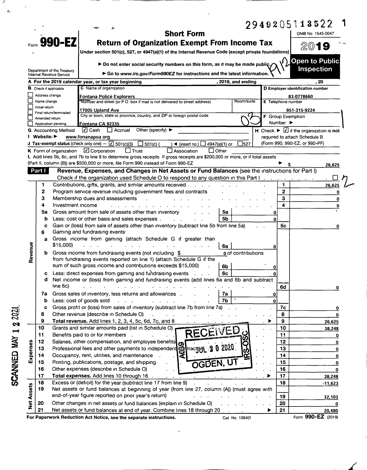 Image of first page of 2019 Form 990EZ for Fontana Police Explorers