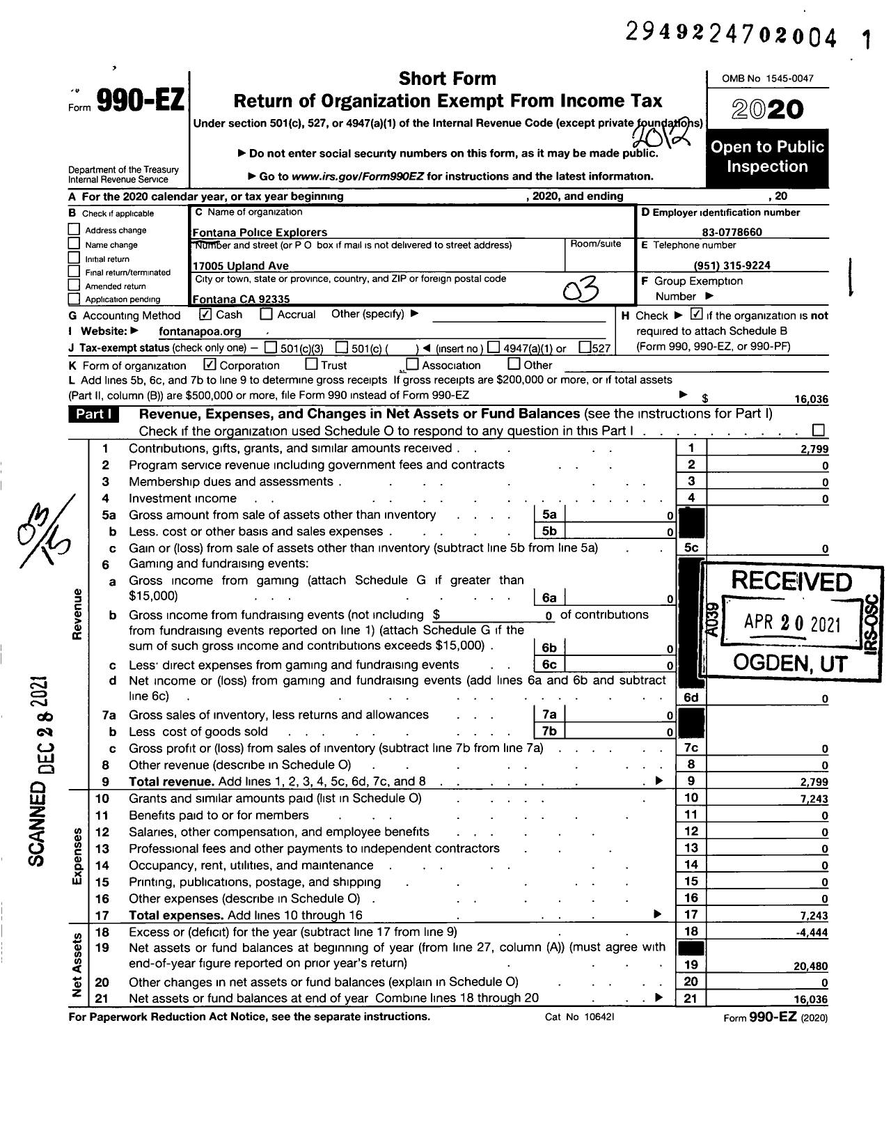 Image of first page of 2020 Form 990EZ for Fontana Police Explorers