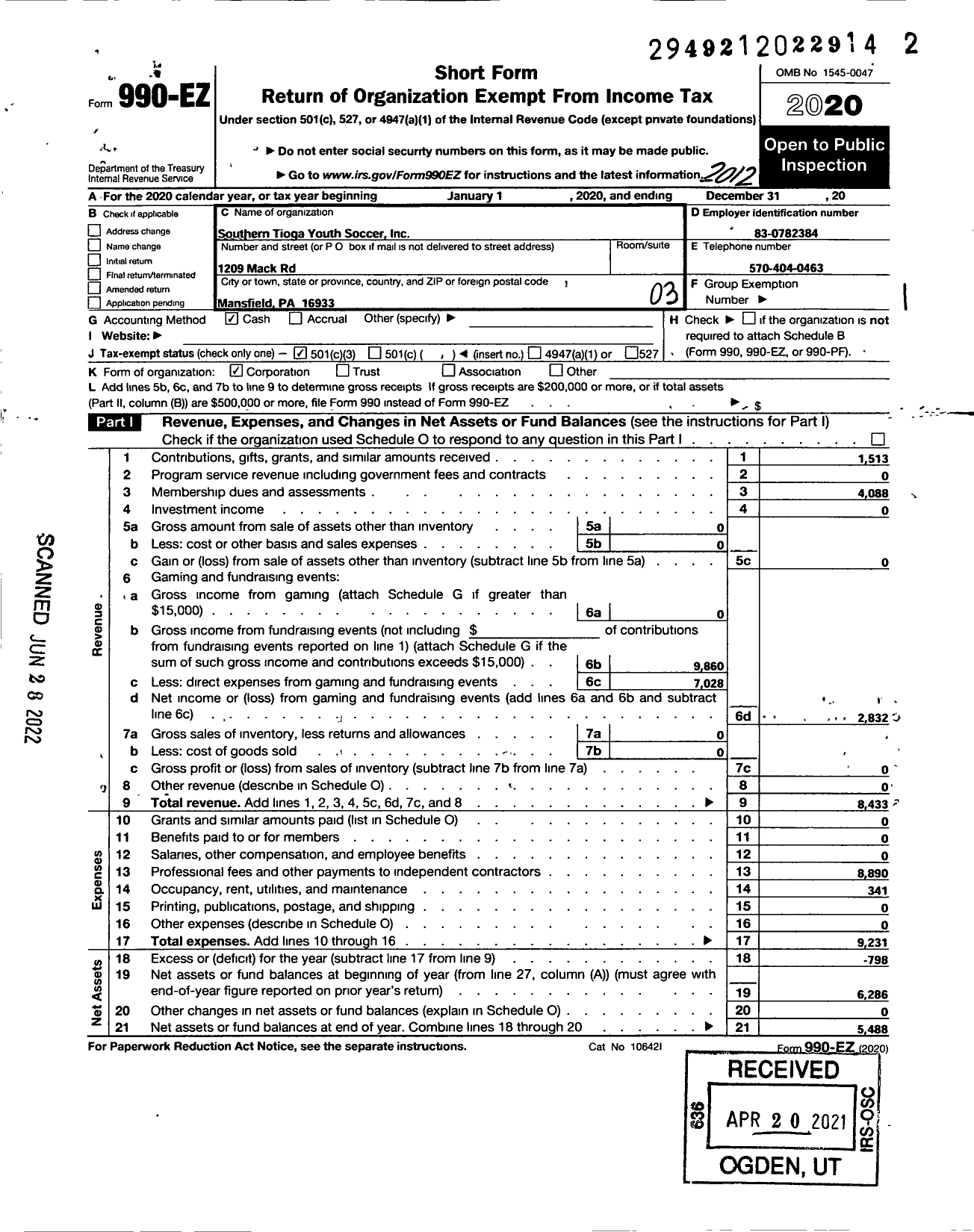 Image of first page of 2020 Form 990EZ for Southern Tioga Youth Soccer