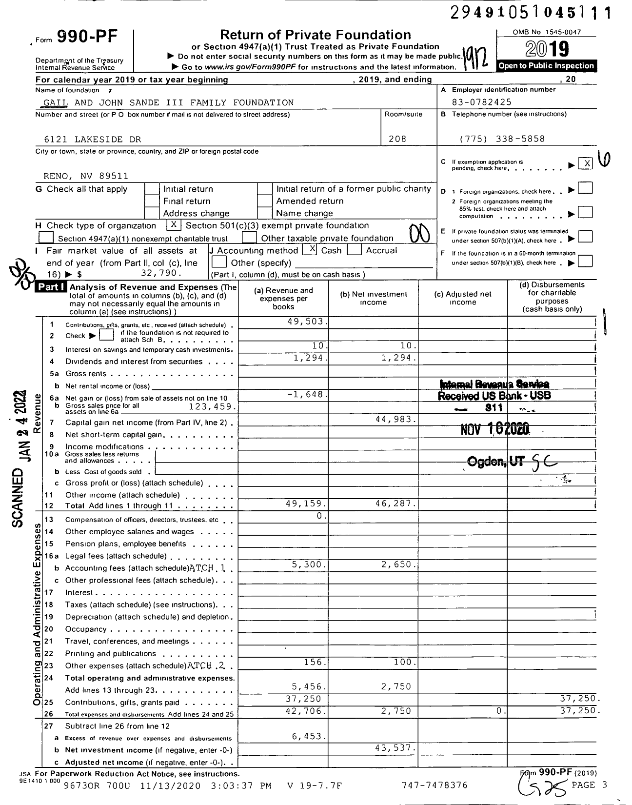 Image of first page of 2019 Form 990PF for Gail and John Sande III Family Foundation