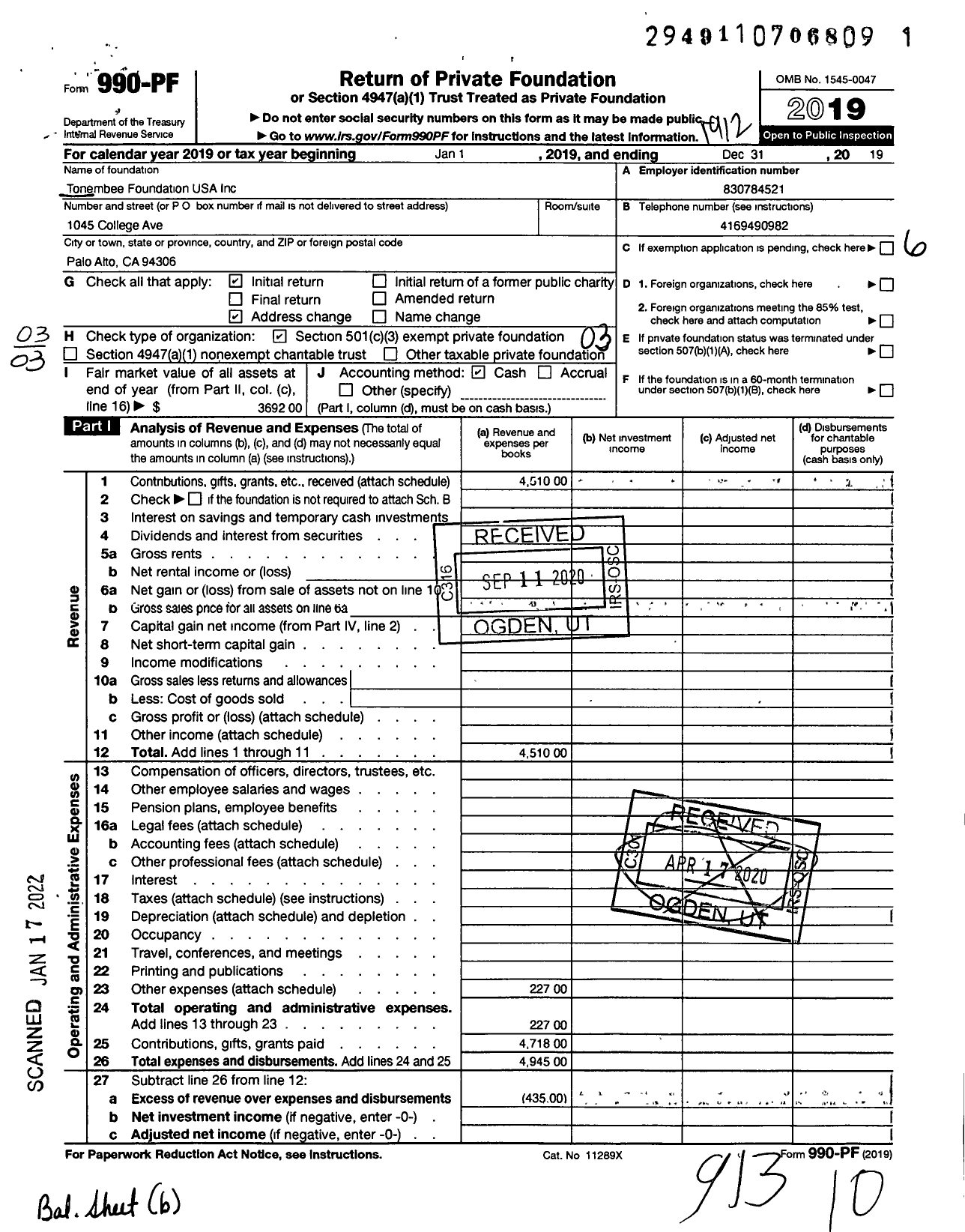 Image of first page of 2019 Form 990PF for Tonembee Foundation USA