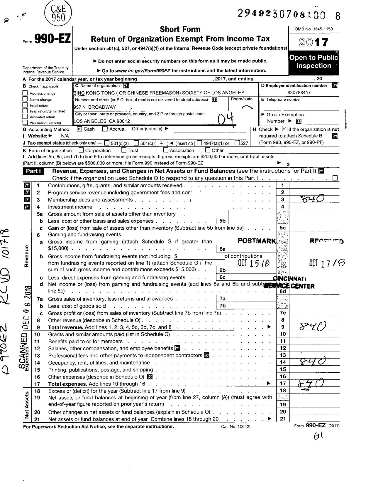 Image of first page of 2017 Form 990EO for Bing Kong Tong Society of Los Angeles