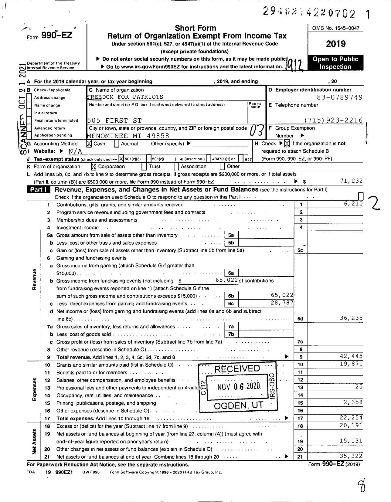 Image of first page of 2019 Form 990EZ for Freedom for Patriots