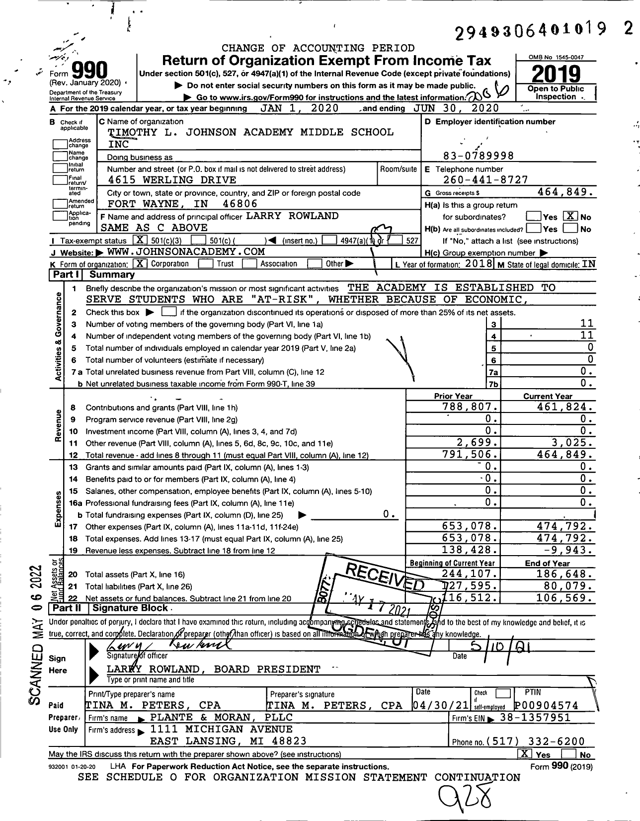 Image of first page of 2019 Form 990 for Timothy L Johnson Academy Middle School