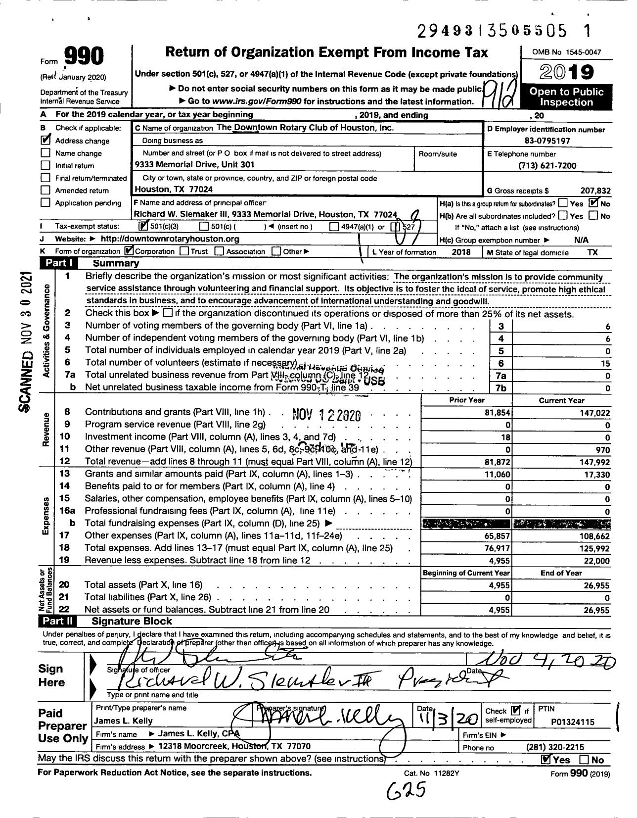 Image of first page of 2019 Form 990 for The Downtown Rotary Club of Houston