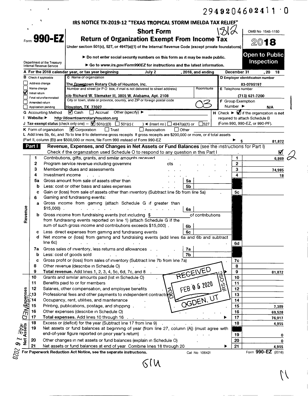 Image of first page of 2018 Form 990EZ for The Downtown Rotary Club of Houston