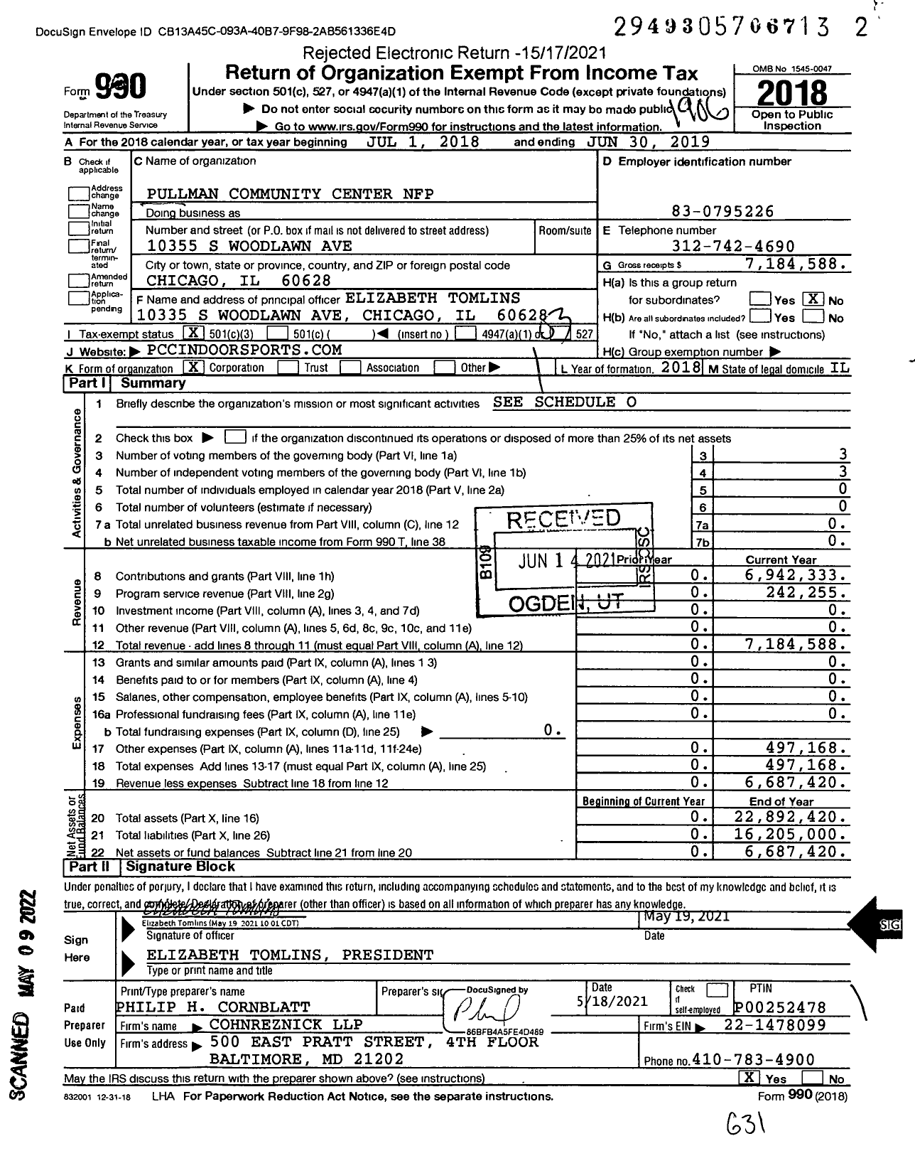 Image of first page of 2018 Form 990 for Pullman Community Center NFP