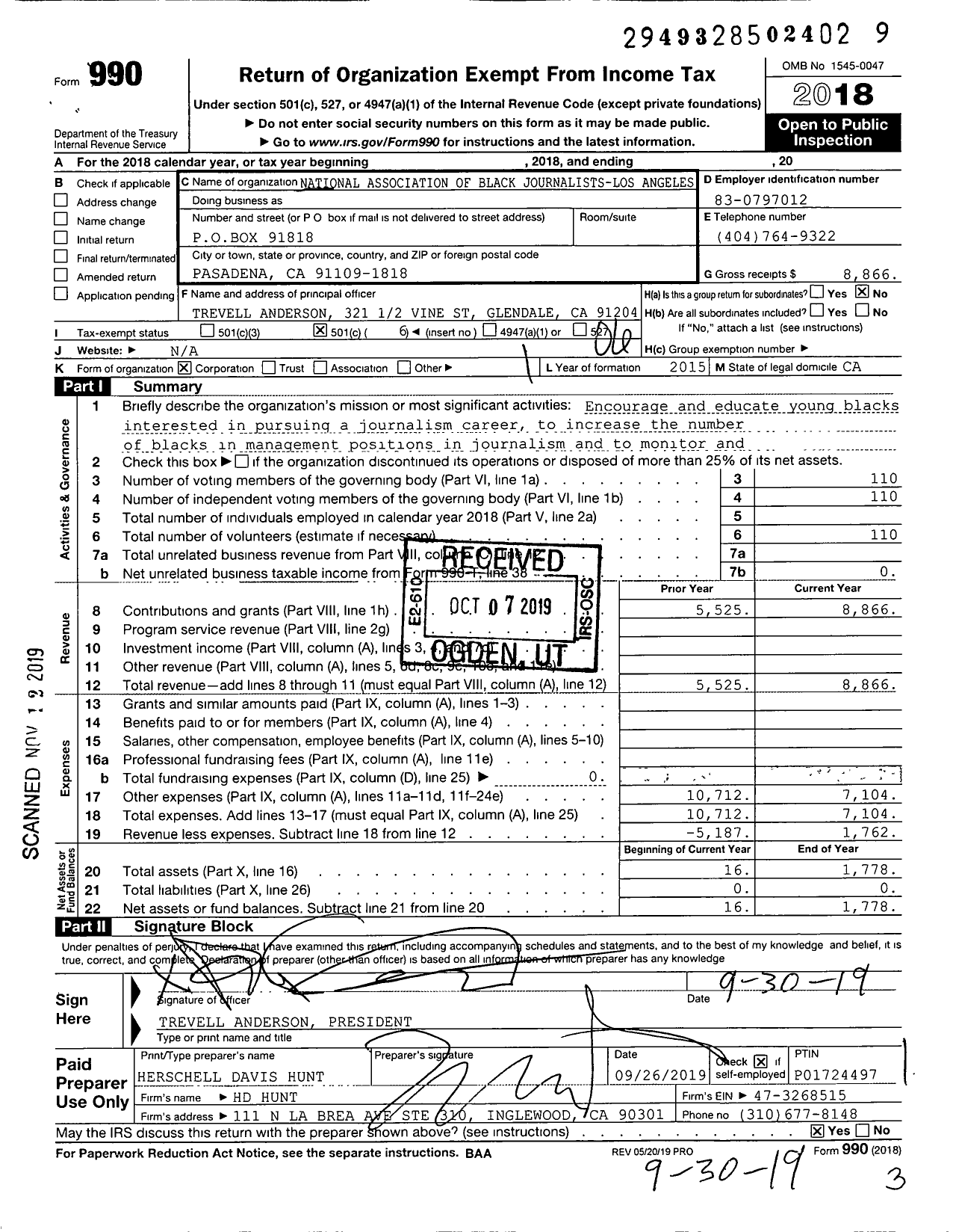 Image of first page of 2018 Form 990O for National Association of Black Journalists Los Angeles