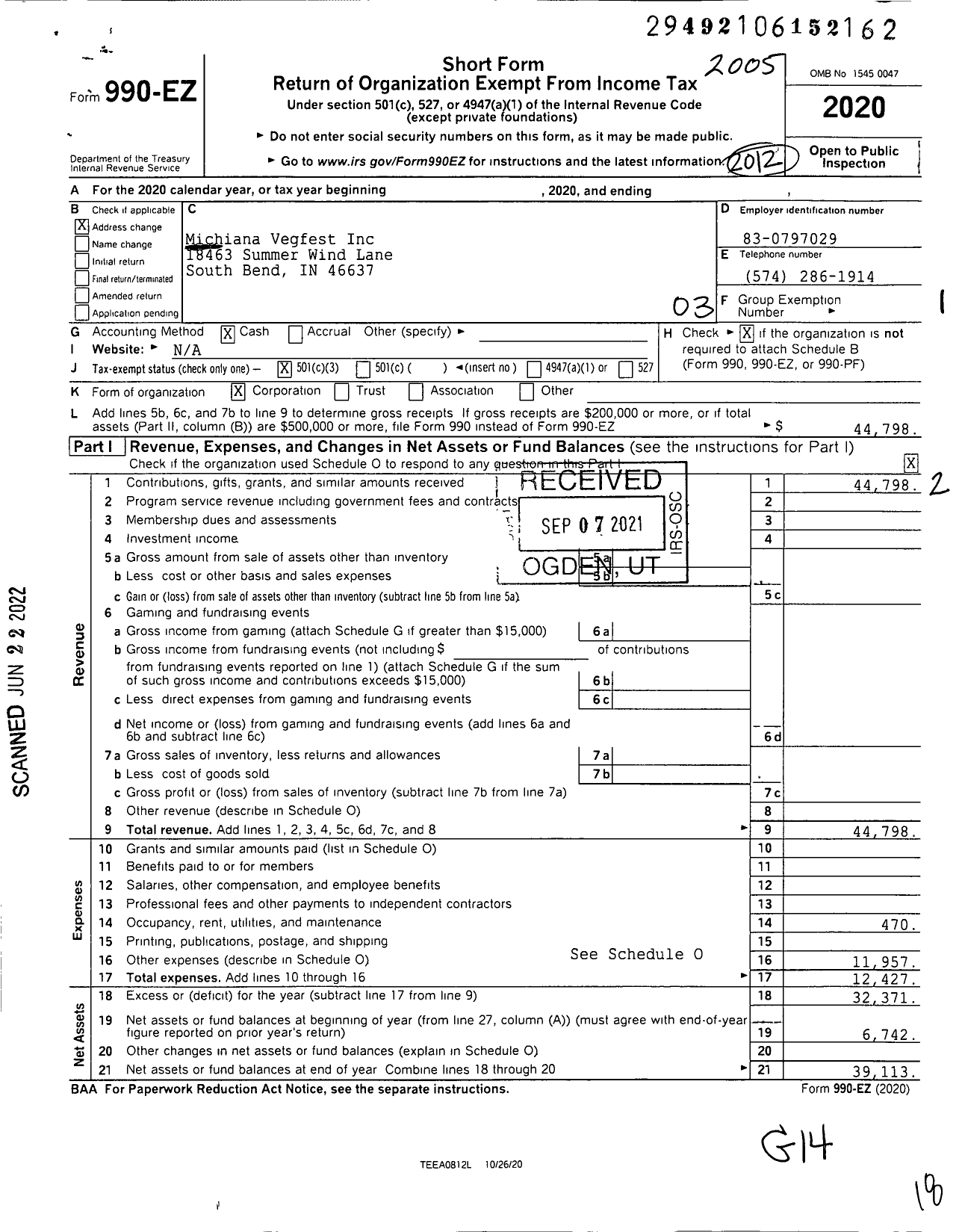 Image of first page of 2019 Form 990EZ for Michiana Vegfest