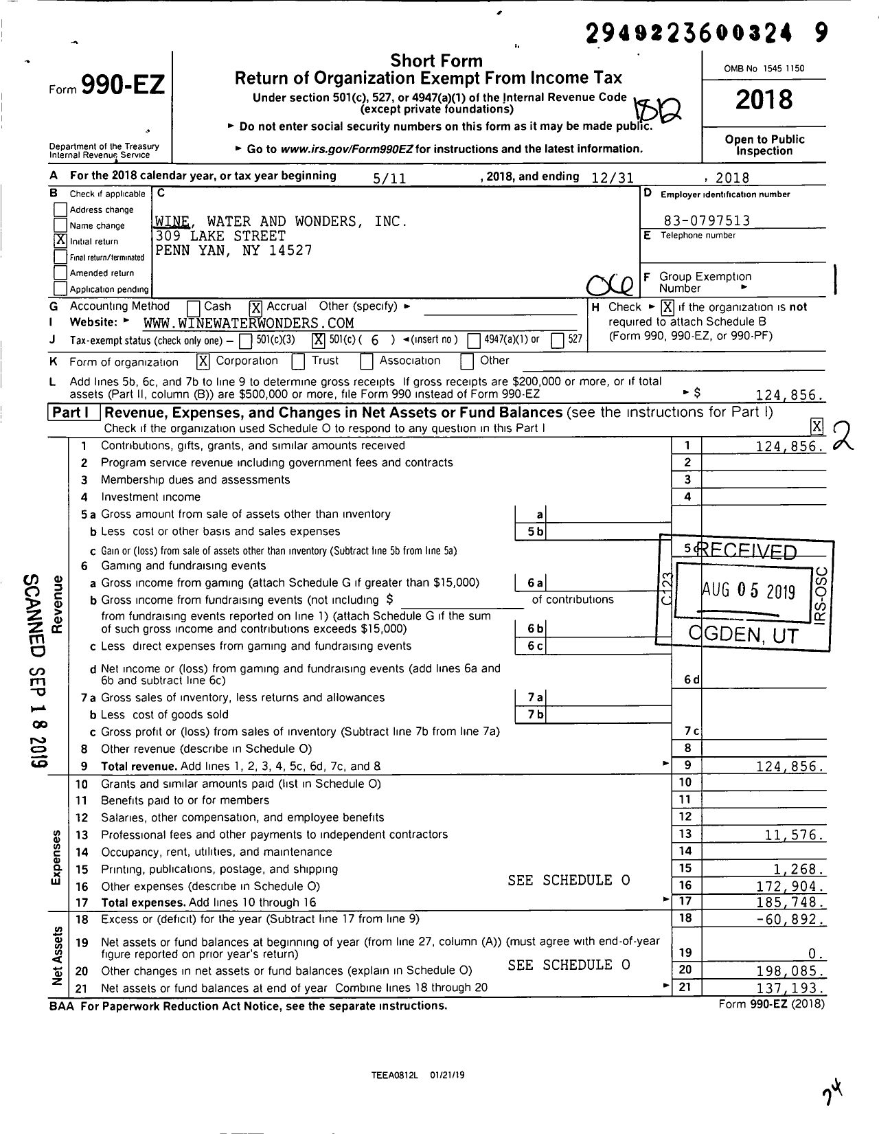 Image of first page of 2018 Form 990EO for Wine Water and Wonders