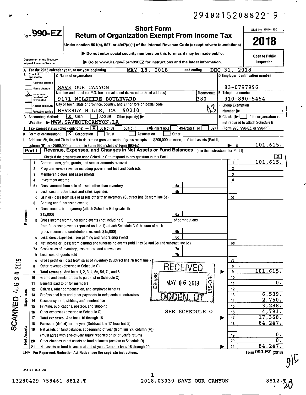 Image of first page of 2018 Form 990EZ for Save Our Canyon