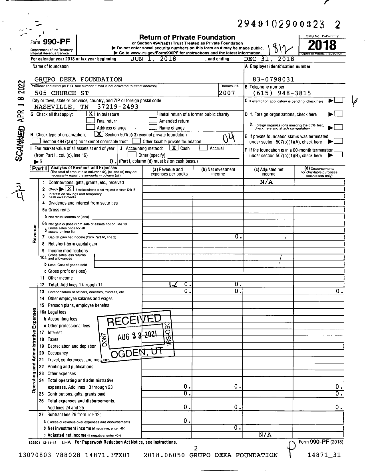 Image of first page of 2018 Form 990PF for Grupo Deka Foundation