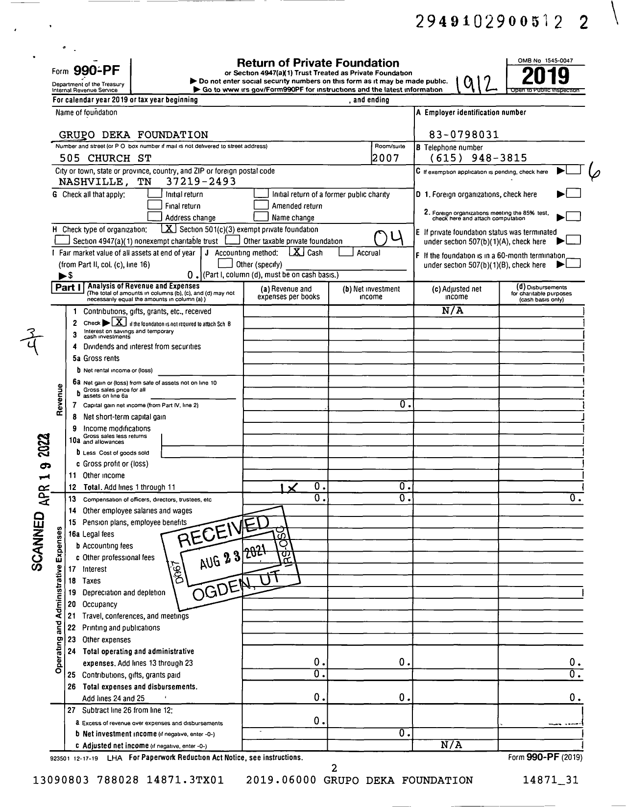 Image of first page of 2019 Form 990PF for Grupo Deka Foundation