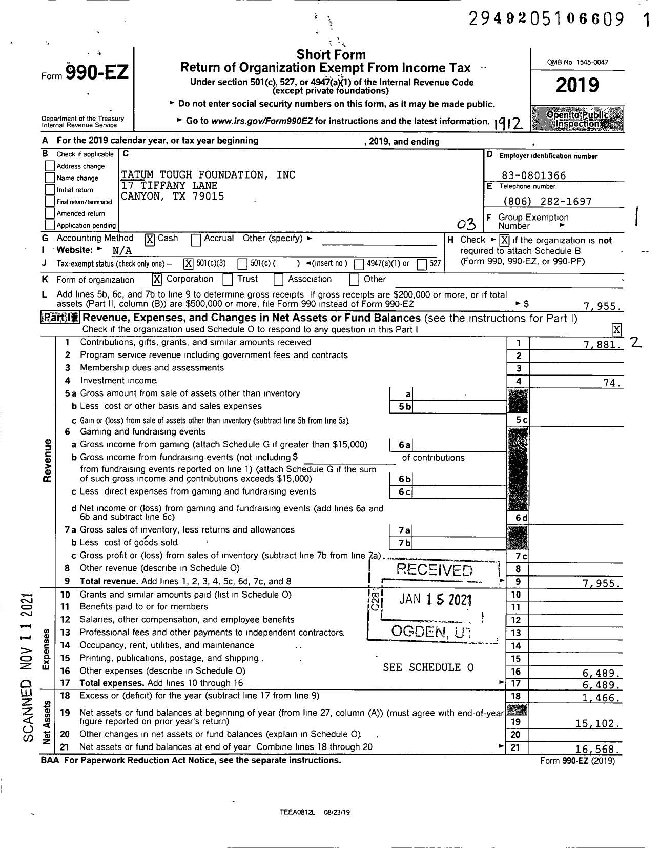 Image of first page of 2019 Form 990EZ for Tatum Tough Foundation