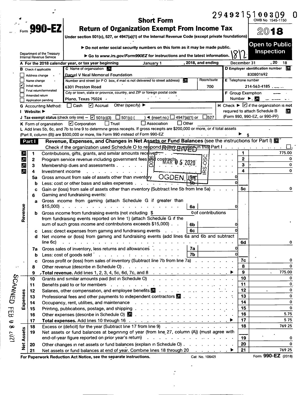 Image of first page of 2018 Form 990EZ for Daniel V Neal Memorial Foundation