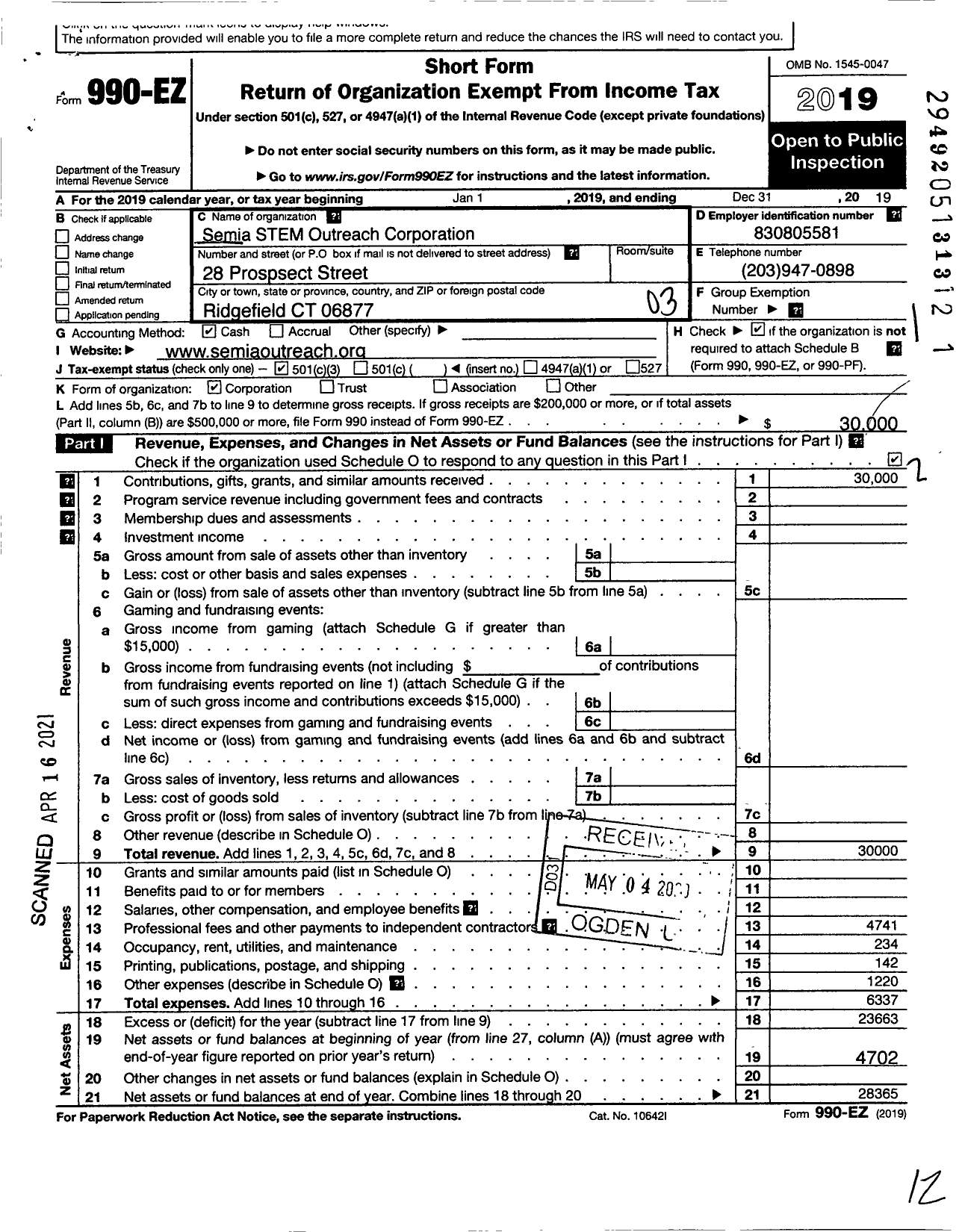 Image of first page of 2019 Form 990EZ for Semia STEM Outreach Corporation