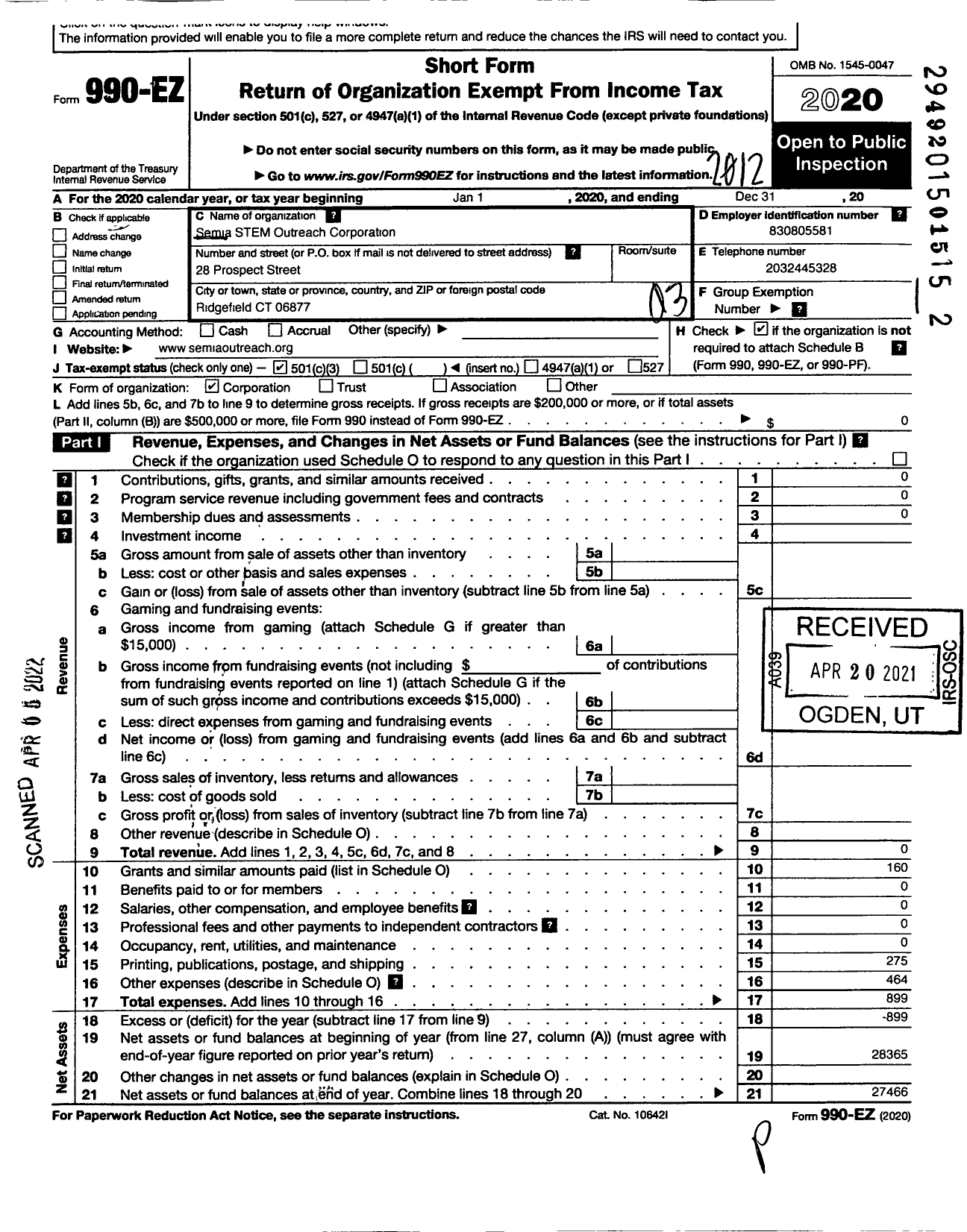 Image of first page of 2020 Form 990EZ for Semia STEM Outreach Corporation