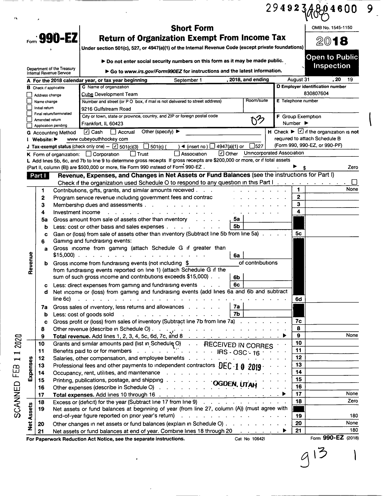 Image of first page of 2018 Form 990EZ for Amateur Athletic Union - Cube Development Team