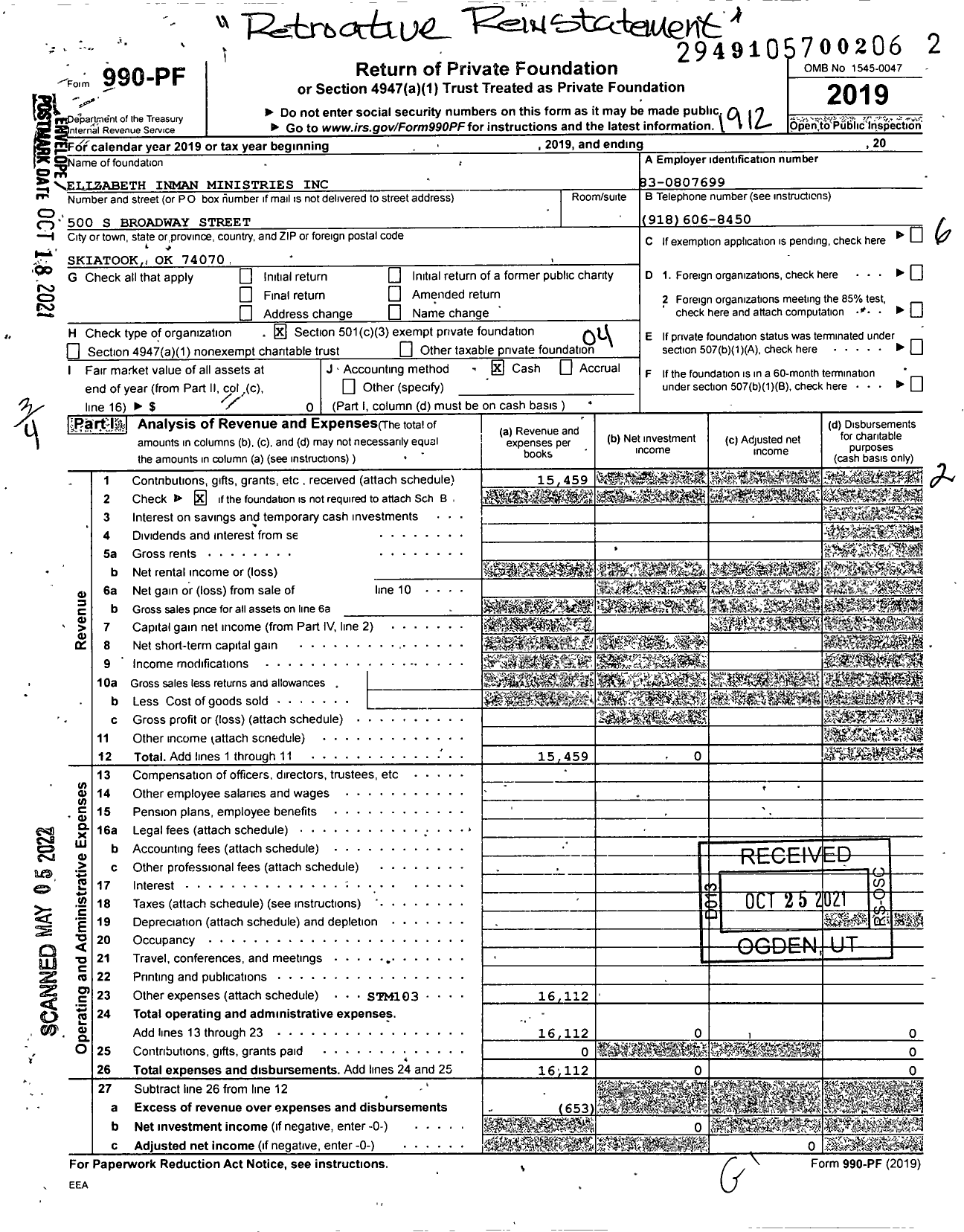 Image of first page of 2019 Form 990PF for Elizabeth Inman Ministries