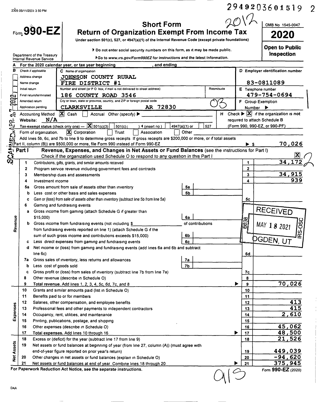 Image of first page of 2020 Form 990EZ for Johnson County Rural Fire District 1