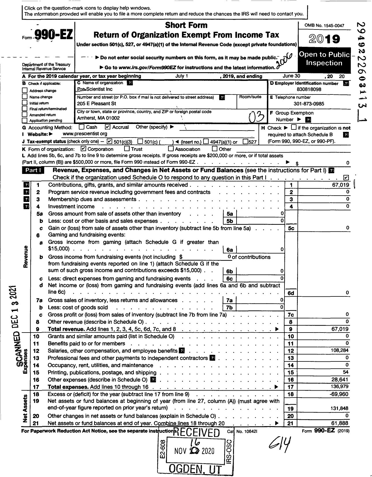 Image of first page of 2019 Form 990EZ for Pre-Scientist