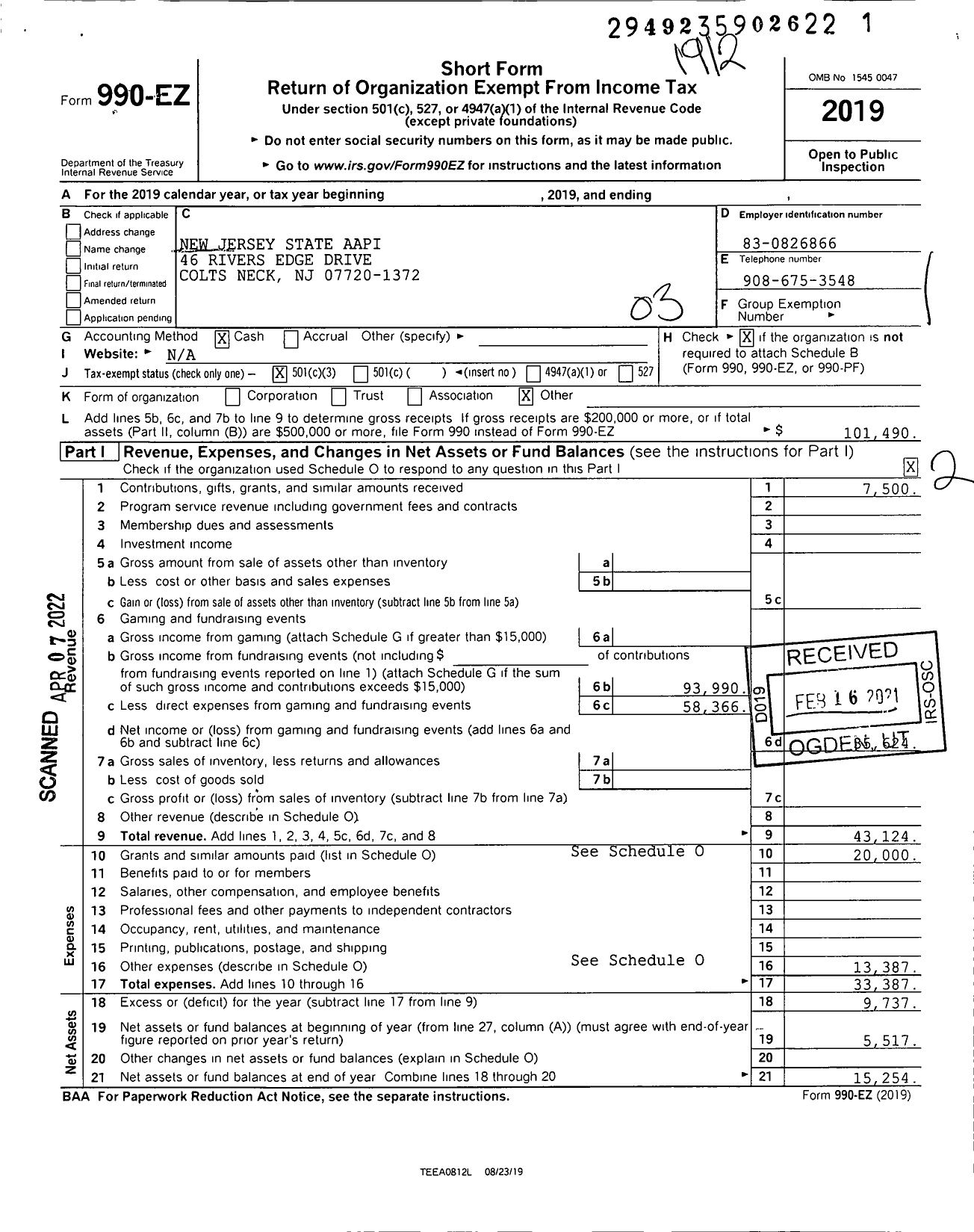 Image of first page of 2019 Form 990EZ for New Jersey State Aapi