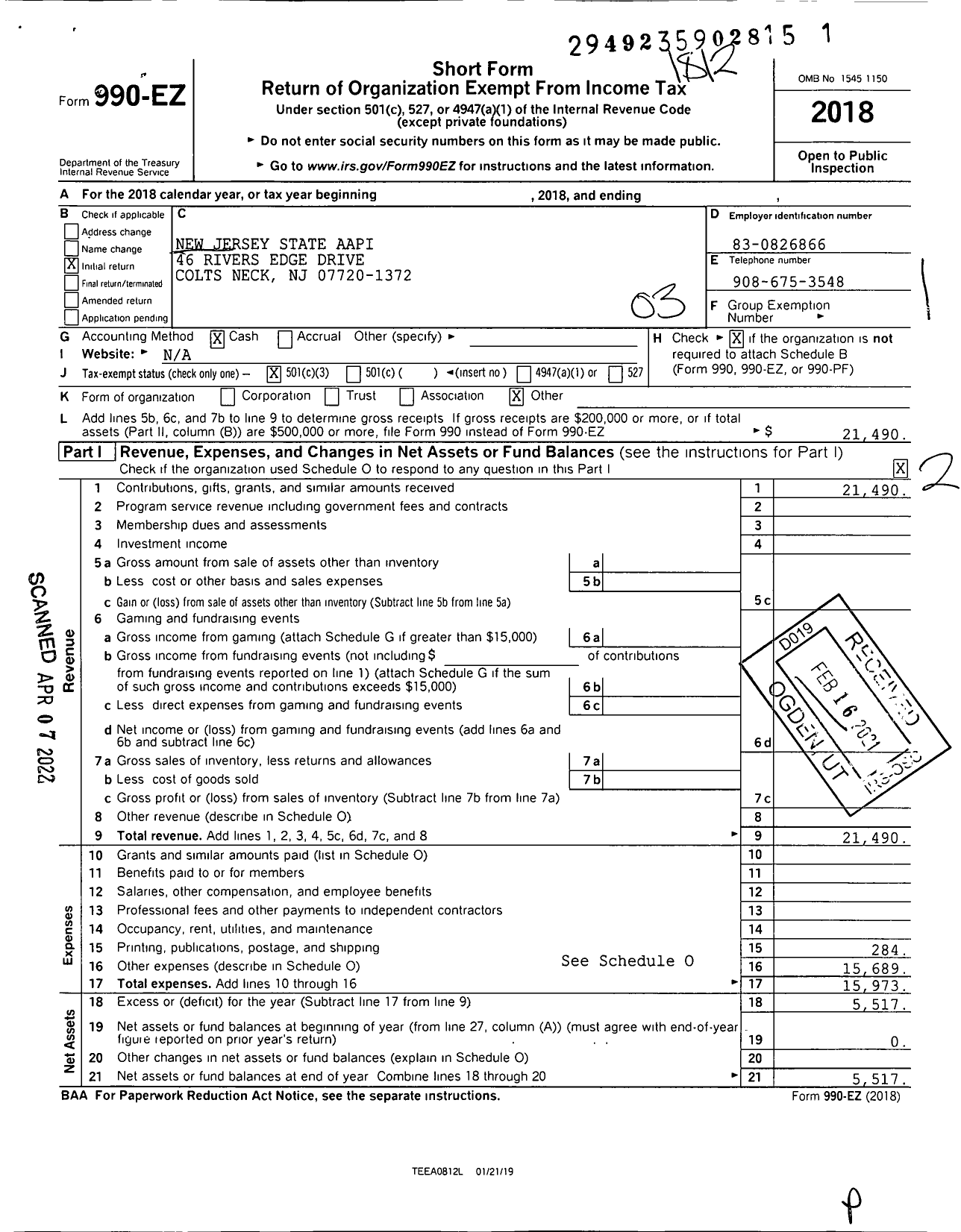 Image of first page of 2018 Form 990EZ for New Jersey State Aapi