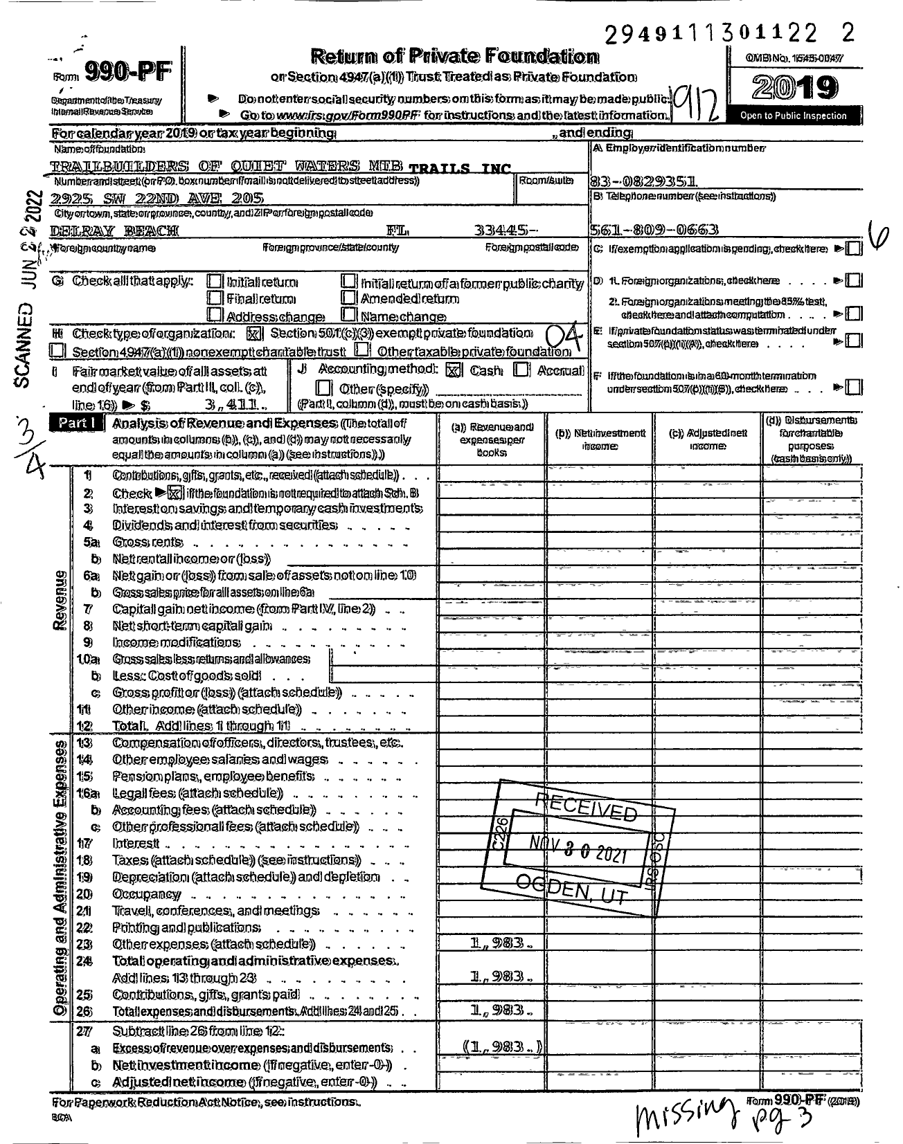 Image of first page of 2019 Form 990PF for Trailbuilders of Quiet Waters MTB Trails