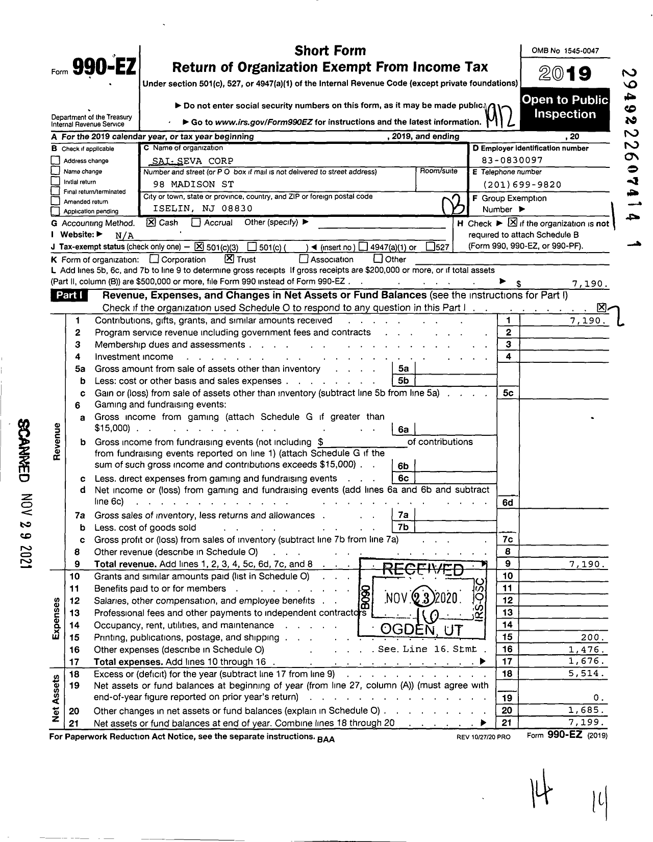 Image of first page of 2019 Form 990EZ for Sai Seva Corporation