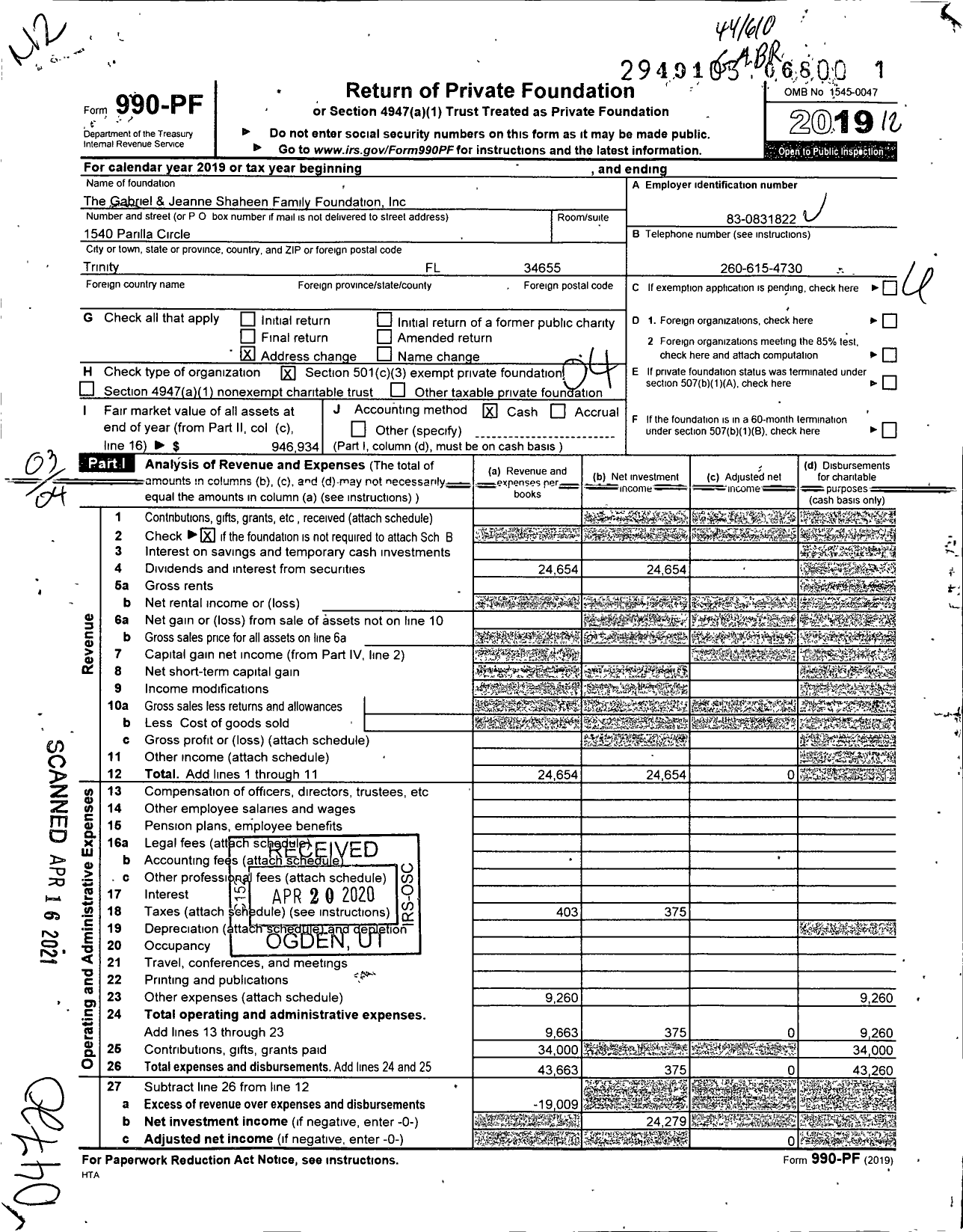 Image of first page of 2019 Form 990PF for The Gabriel and Jeanne Shaheen Family Foundation