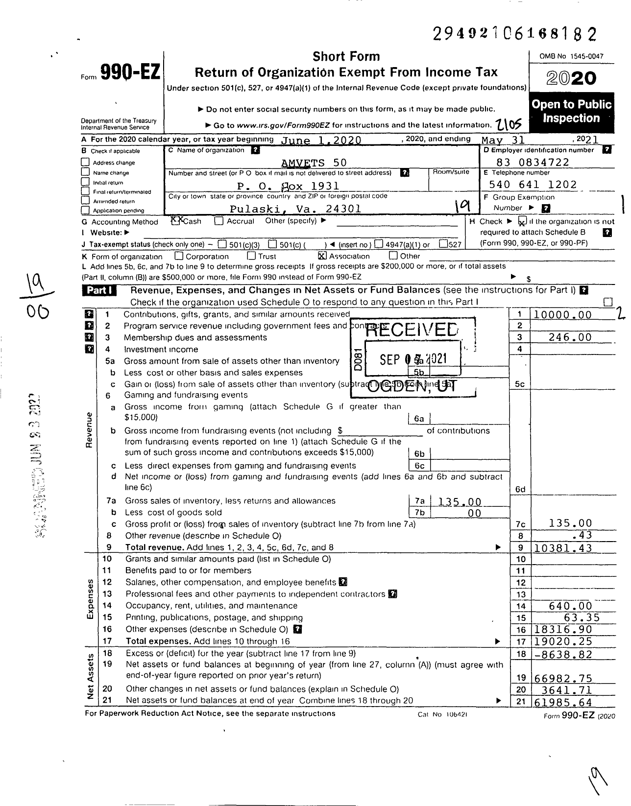 Image of first page of 2020 Form 990EO for Amvets - 0050 Va