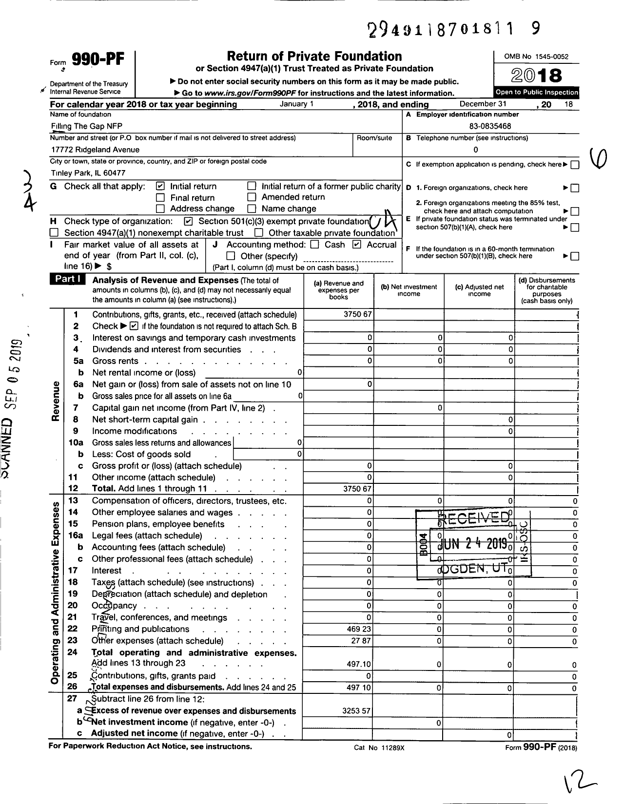 Image of first page of 2018 Form 990PF for Filling the Gap NFP