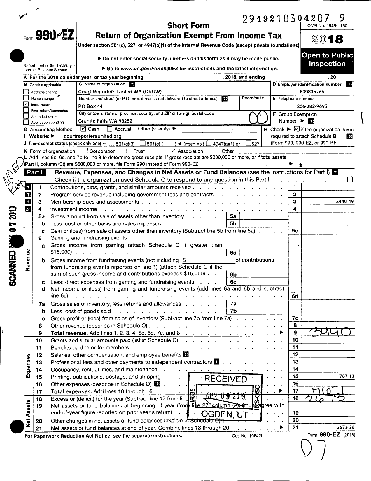 Image of first page of 2018 Form 990EO for Court Reporters United Wa (CRUW)