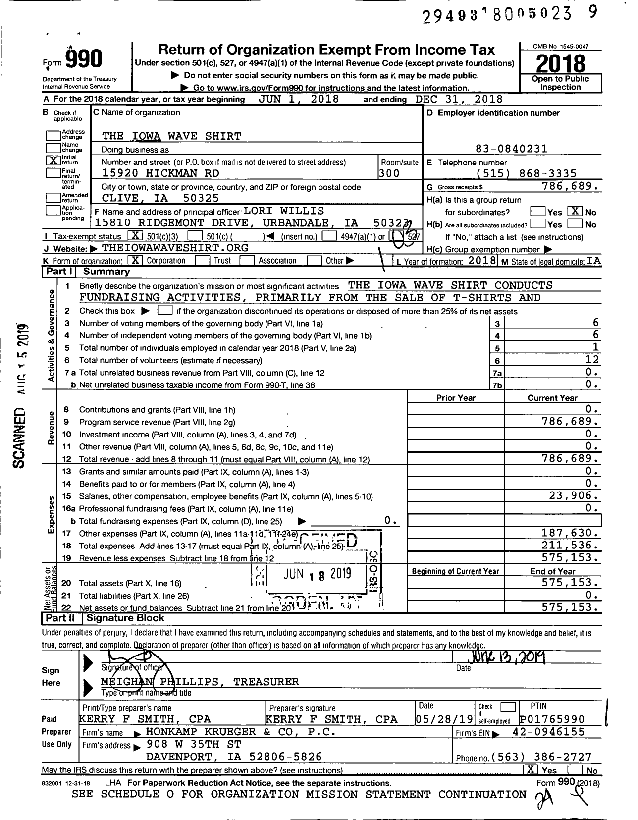 Image of first page of 2018 Form 990 for The Iowa Wave Shirt