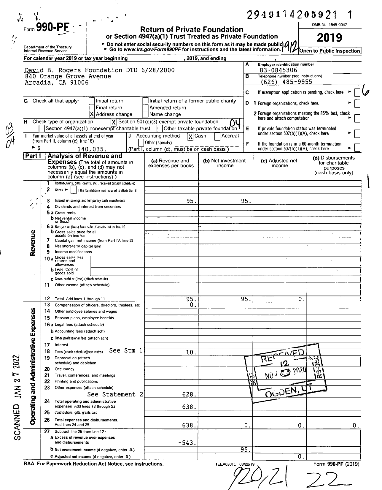 Image of first page of 2019 Form 990PF for David B Rogers Foundation DTD 6282000