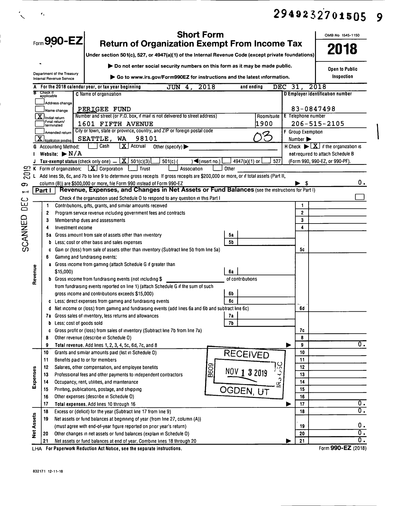 Image of first page of 2018 Form 990EZ for Perigee Fund