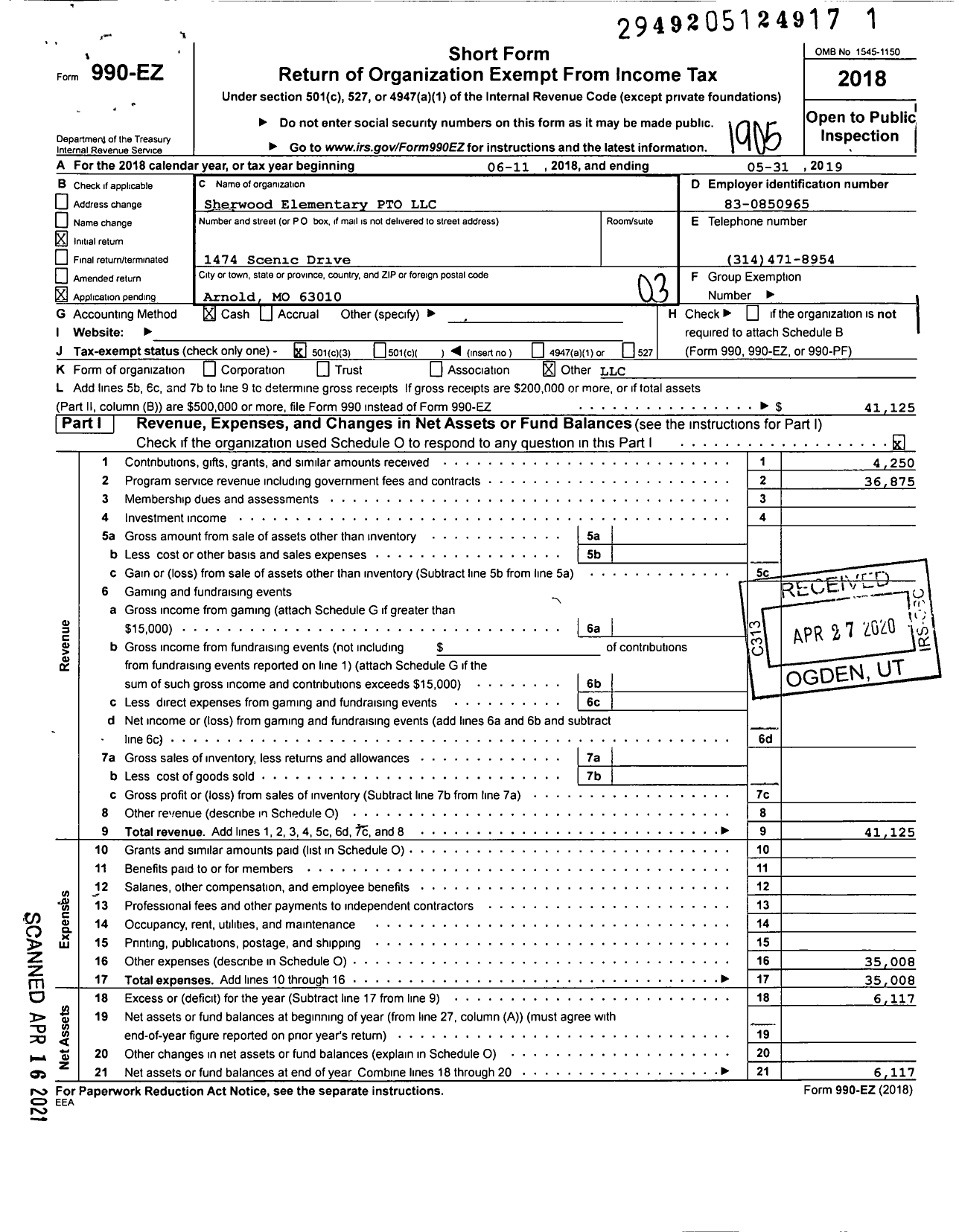 Image of first page of 2018 Form 990EZ for Sherwood Elementary PTO LLC